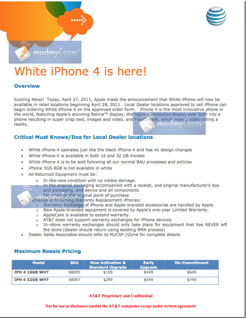 AT&T Internal memo for white iPhone 4