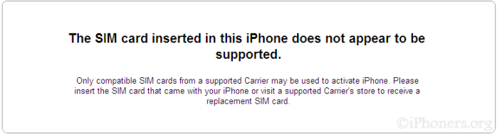 The SIM card inserted in this iPhone does not appear to be supported